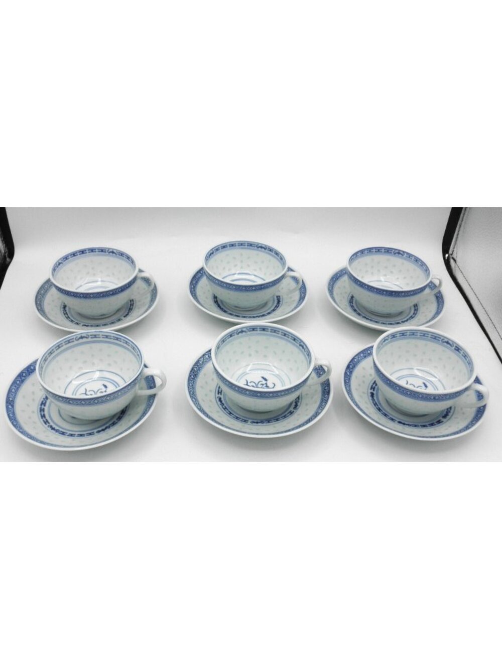 Jingdezhen Rice Eye Grain Cups & Saucers Blue & White Porcelain Set of 6